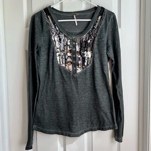 Free People Sequin Long Sleeve Top - Grey